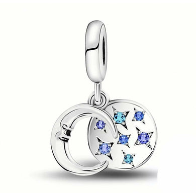 925 Sterling Silver Moon and Blue CZ Star Dangle Charm