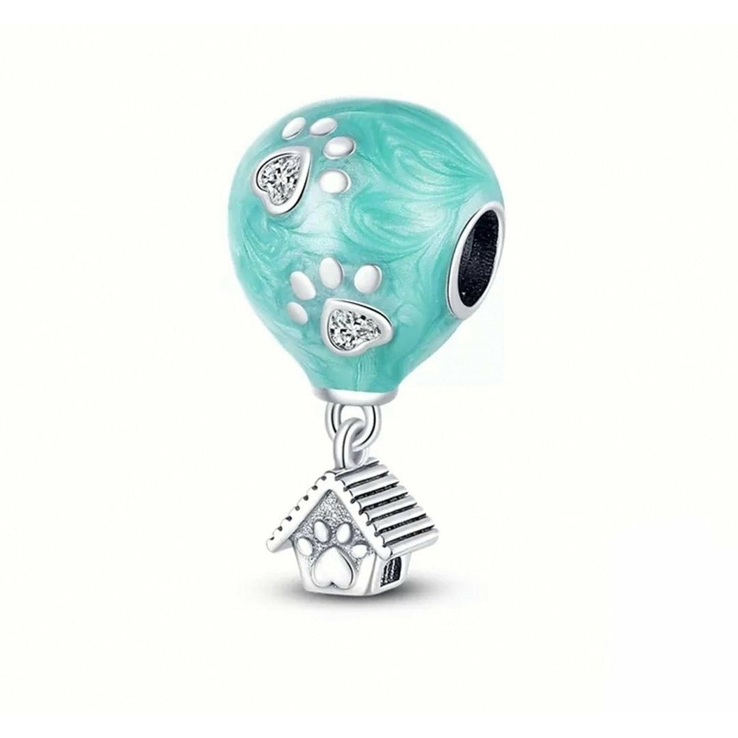 925 Sterling Silver Blue Enamel Hot Air Balloon Paw Prints Bead Charm
