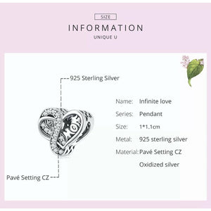 925 Sterling Silver Infinity Mom Heart Bead Charm