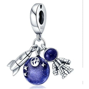 925 Sterling Silver Astronaut Rocket And Planet Dangle Charm