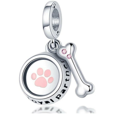 925 Sterling Silver Pink Paw and Bone Dangle Charm