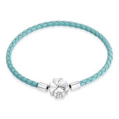 925 Sterling Silver Clover Clasp Turquoise Single Leather Charm Bracelet