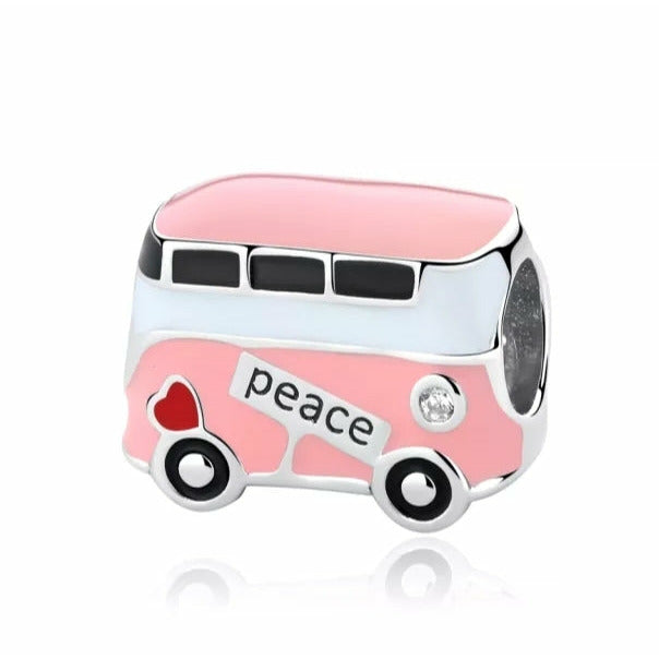 925 Sterling Silver Pink Enamel Peace Bus/Combi Bead Charm