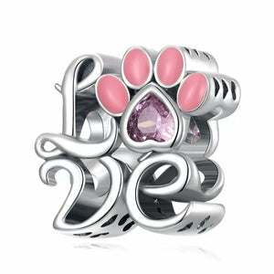 925 Sterling Silver Love Dog Paw Print Bead Charm