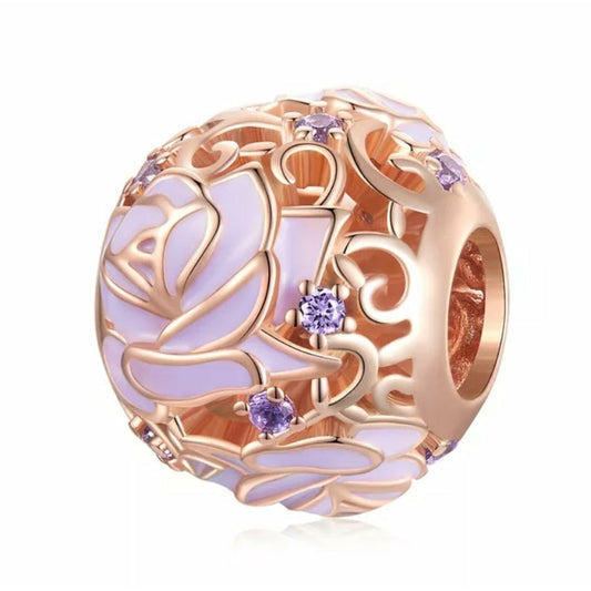 Rose Gold Plated Purple Enamel Rose Bead Charm