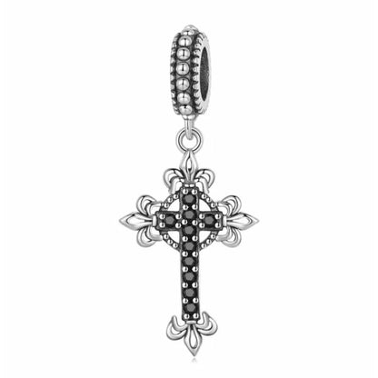 Black CZ Cross Fleur-de-Lis Element Dangle Charm