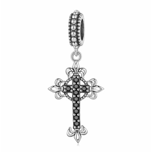 Black CZ Cross Fleur-de-Lis Element Dangle Charm