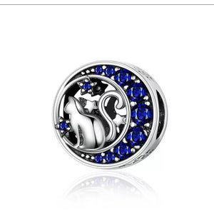 925 Sterling Silver Blue CZ Cat And Stars Bead Charm