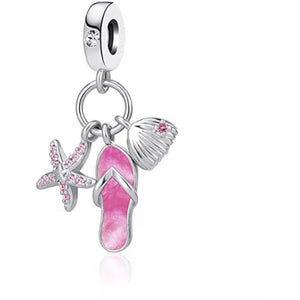 925 Sterling Silver Pink Shell and Flip Flop Dangle Charm