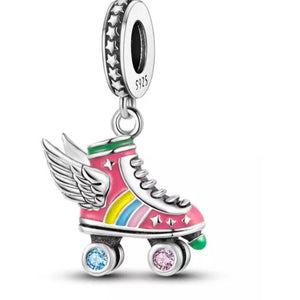 925 Steling Silver Colourful Enamel Angel Wing Roller Skates Dangle Charm