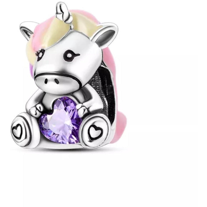925 Sterling Silver Unicorn with Purple CZ Heart Bead Charm