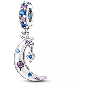 925 Sterling Silver Blue and Purple CZ Crescent Moon Dangle Charm