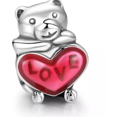 925 Sterling Silver Bear with Red Heart Bead Charm