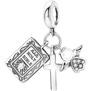 925 Sterling Silver "With God all things are Possible" Bible Cross and Angel Dangle Charm