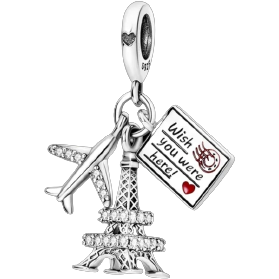 925 Sterling Silver Paris Eiffel Tower and Postcard Dangle Charm