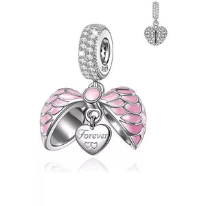 925 Sterling Silver Pink Enamel and CZ "I Love You Forever" Open Heart Dangle Charm
