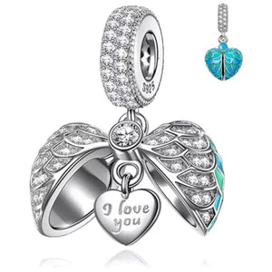 925 Sterling Silver Teal Enamel and CZ "I Love You" Open Heart Dangle Charm