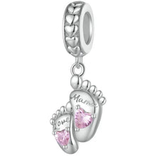 Load image into Gallery viewer, 925 Sterling Silver Pink CZ &quot;Love Mom&quot; Baby Feet Dangle Charm