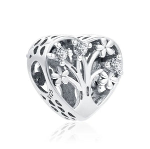 925 Sterling Silver Clear CZ Family Tree of Life Heart Bead Charm