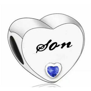 925 Sterling Silver Blue CZ Son Engraved Heart Bead Charm