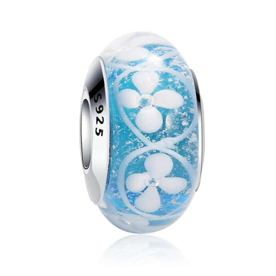 925 Sterling Silver Blue Murano Glass White Flower Bead Charm