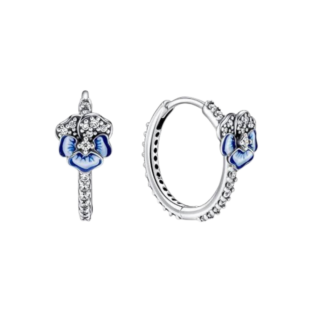 925 Sterling Silver Blue Pansy Hoop Earrings