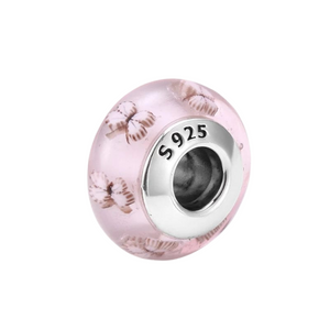 925 Sterling Silver Pink Butterfly Patterned Murano Glass Bead Charm