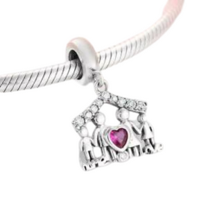 925 Sterling Silver Pink CZ Family Love Home Dangle Charm