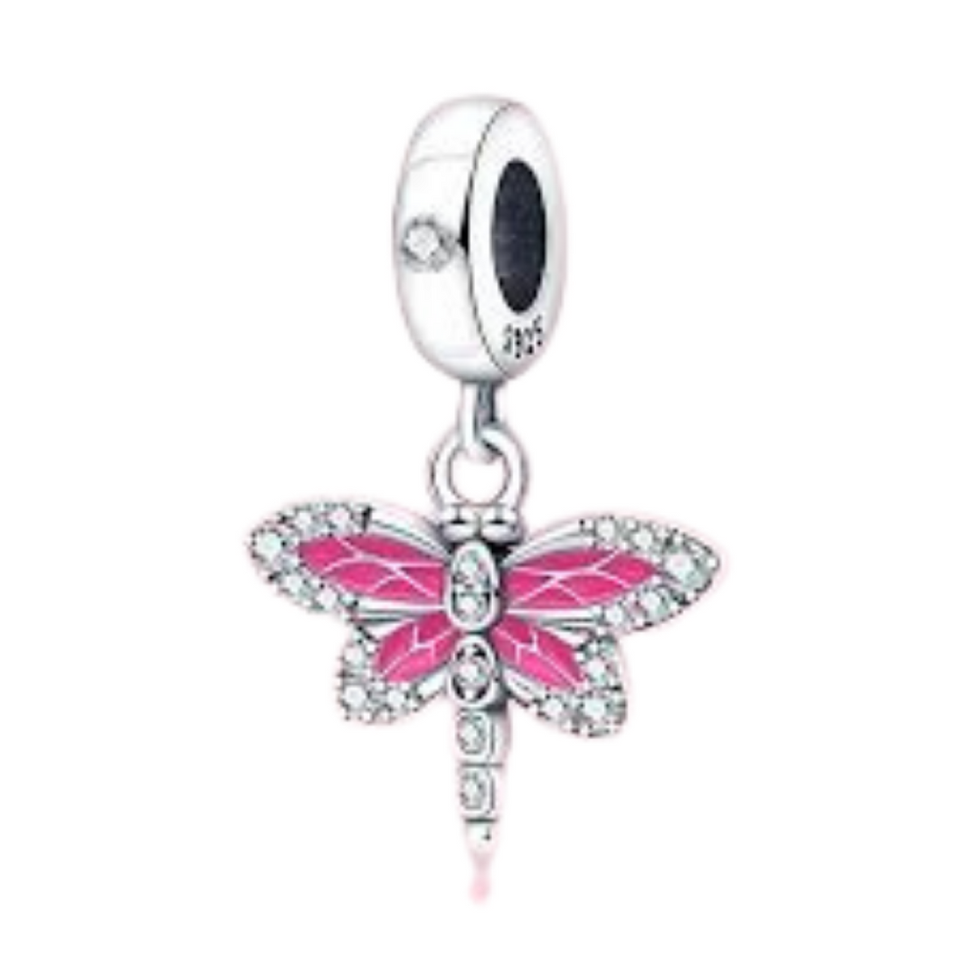 925 Sterling Silver Pink Enamel Clear CZ Dragonfly Dangle Charm