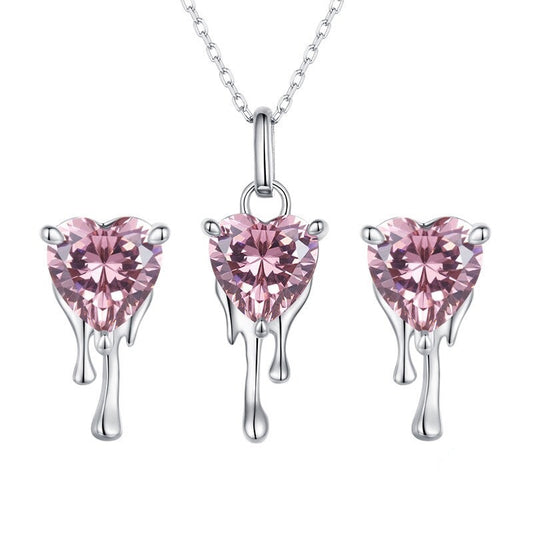 Pink CZ Heart Dripping with Love Necklace and earring set