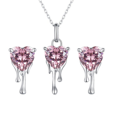 925 Sterling Silver Pink CZ Heart Dripping with Love Necklace and earring set