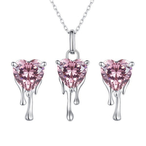 925 Sterling Silver Pink CZ Heart Dripping with Love Necklace and earring set