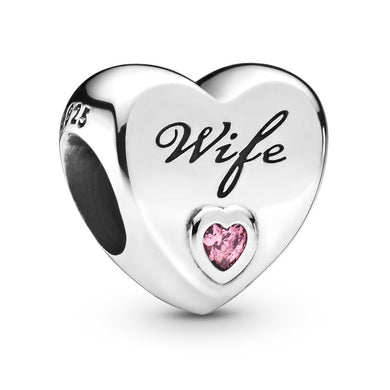 925 Sterling Silver Pink CZ Wife Engraved Heart Bead Charm