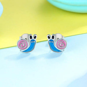 925 Sterling Silver Blue and Pink Enamel Snail Stud Earrings