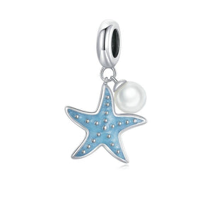 925 Sterling Silver Blue Enamel Starfish And Pearl Dangle Charm