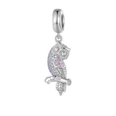 925 Sterling Silver Pink CZ Owl Dangle Charm