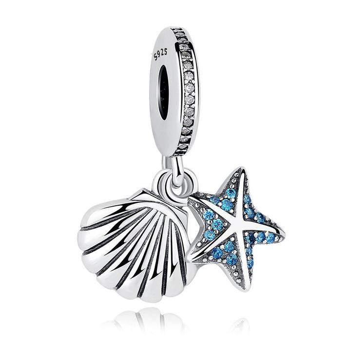 925 Sterling Silver Blue Starfish and Shell Dangle Charm
