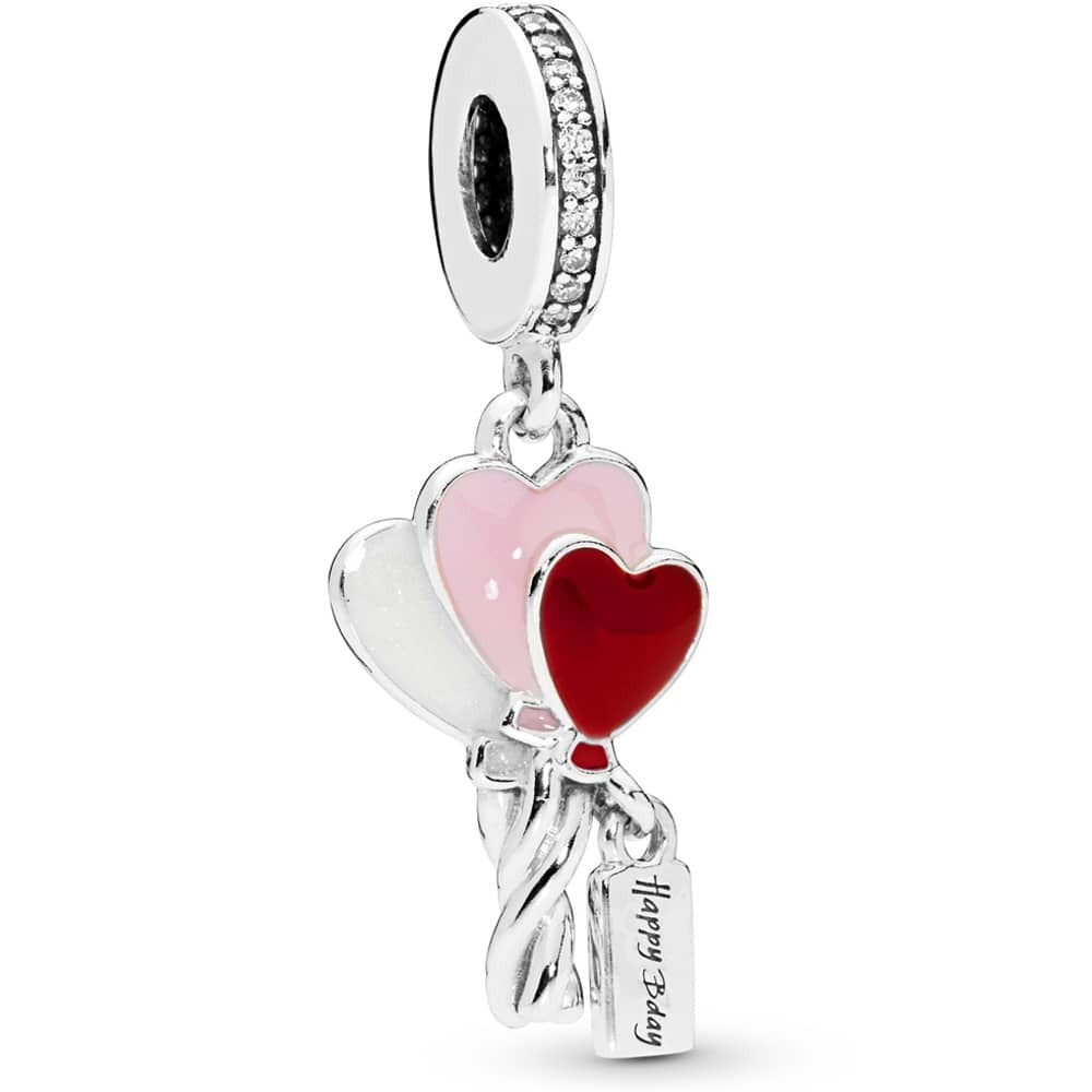 925 Sterling Silver Happy Birthday Heart Shaped Balloons Dangle Charm