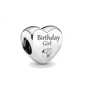 925 Sterling Silver CZ Birthday Girl Engraved Heart Bead Charm