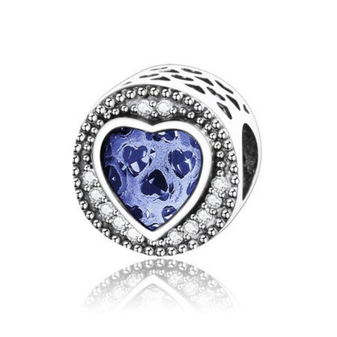 925 Sterling Silver CZ Blue Glass Heart Bead Charm