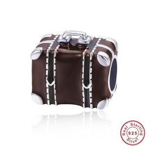925 Sterling Silver Travelling Suitcase Brown Enamel Charm