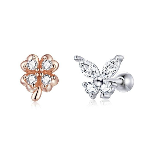 Two Tone Butterfly And Rose Gold Flower Earrings