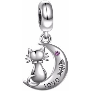 925 Sterling Silver Cat and Moon Dangle Charm