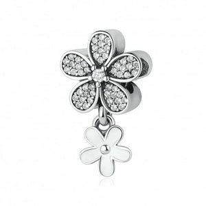 925 Sterling Silver CZ and White Double Daisy Bead Charm