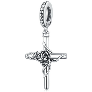 925 Sterling Silver Cross With Vine Rose Dangle Charm