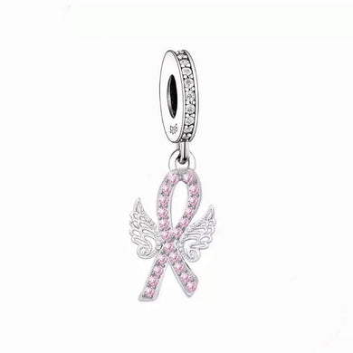925 Sterling Silver Cancer Ribbon Angel Wings Dangle Charm
