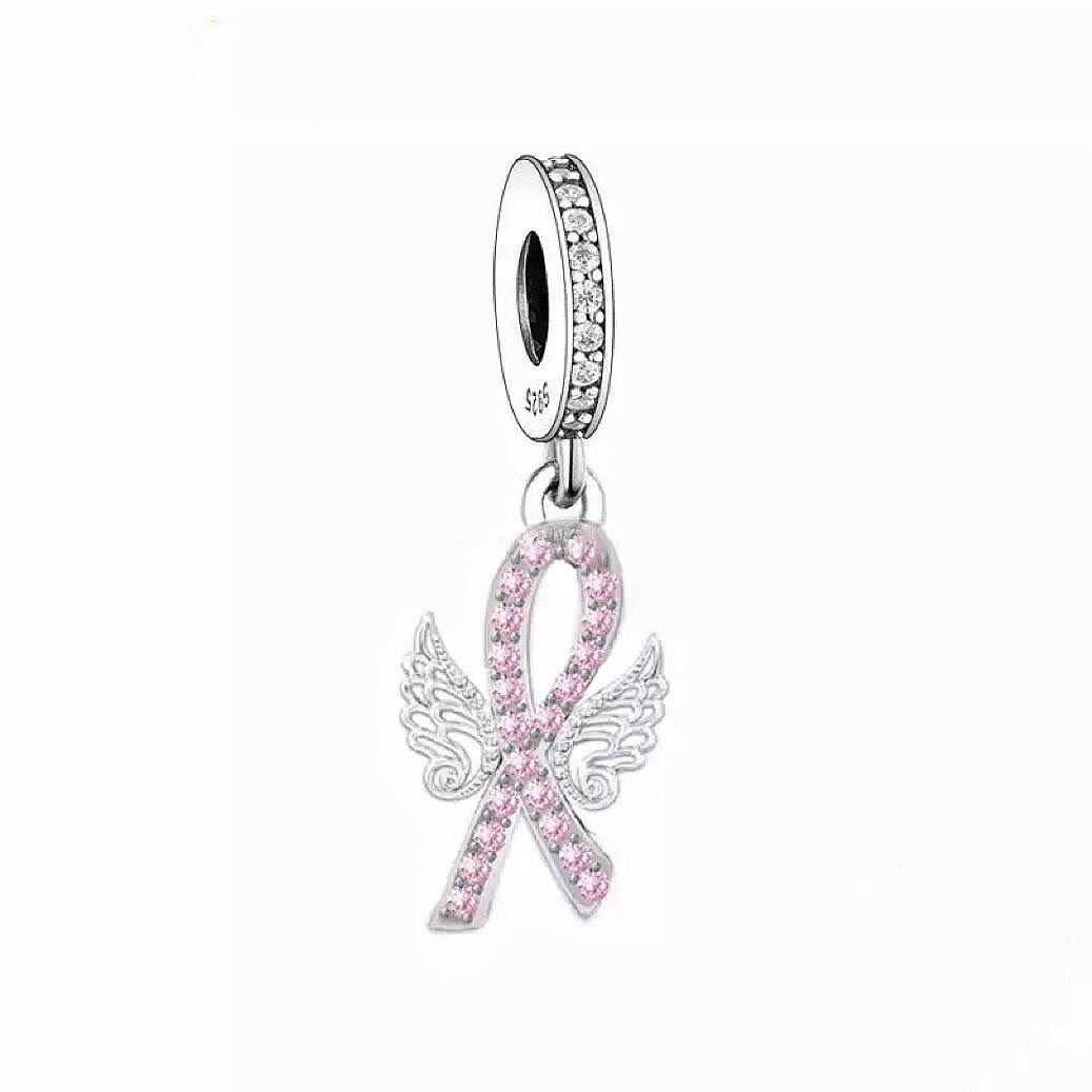 925 Sterling Silver Cancer Ribbon Angel Wings Dangle Charm Be