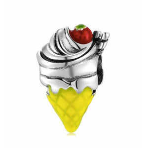 925 Sterling Silver Strawberry Cone Ice Cream Bead Charm