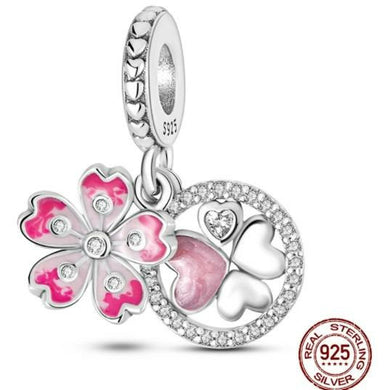 925 Sterling Silver Pink CZ Daisy and Hearts Dangle Charm