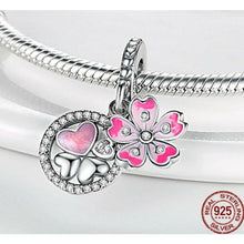 Load image into Gallery viewer, 925 Sterling Silver Pink CZ Daisy and Hearts Dangle Charm